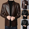 Men's faux leather jacket with zip-up front and stand collar, perfect for autumn and winter casual or professional wear.
