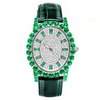 Emerald Luxe Watch with diamond bezel and green gemstone on a leather strap.