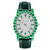 Emerald Luxe Watch with diamond bezel and green gemstone on a leather strap.