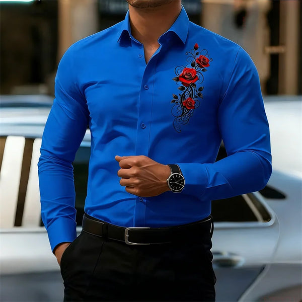 Vintage botanical shirt featuring romantic red rose floral design