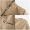 Chic women's slim leather biker jacket with zip detail, stand-up collar, and tailored fit for stylish urban looks.