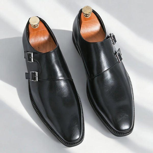 Leather dress oxfords with monk strap buckle and true-to-size fit