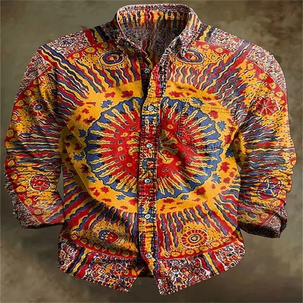 Men's casual shirt showcasing colorful 3D mandala artwork with fade-resistant printing technology