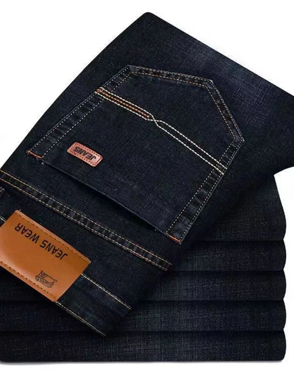 Comfortable stretch denim jeans for men with traditional straight-leg fit and pre-softened finish