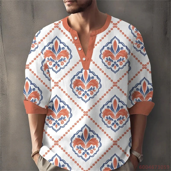 Geometric pattern pullover henley with comfortable full-length sleeves