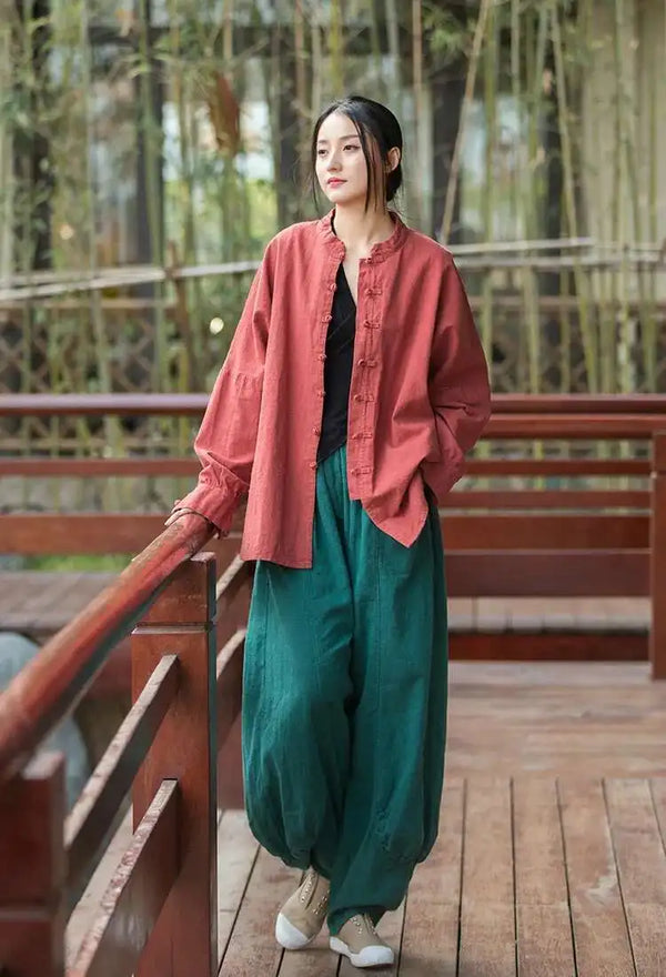 Versatile cotton linen coat featuring elegant stand collar and timeless appeal