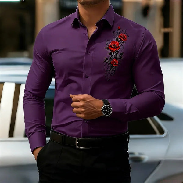 Vintage style floral shirt featuring romantic red rose pattern for men