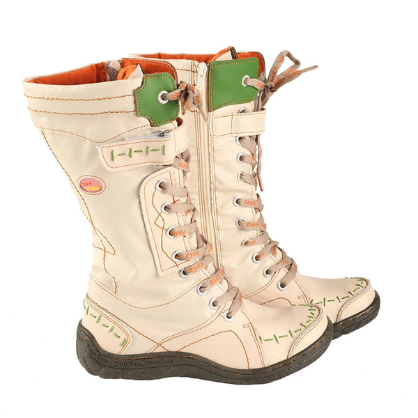 Brown mid-calf boots with lace-up styling and practical zip closure