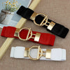 Chic elastic waist belt with round metal buckle, perfect for women's casual and formal outfits, made of PU leather.