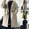 Stylish men's mid-length trench coat with hood, big pockets, and windproof features for autumn and spring outdoor wear.