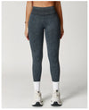 Steel blue ankle-length leggings with elastic waistband.