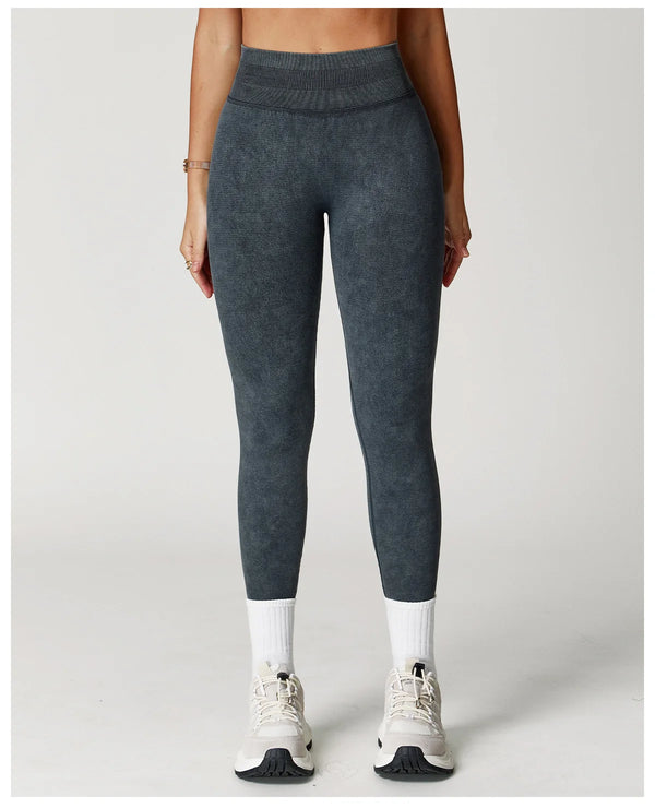 Steel blue ankle-length leggings with elastic waistband.