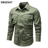 Men's outdoor cotton casual multi-pocket shirt in solid color, perfect for travel and adventure, featuring long sleeves and V