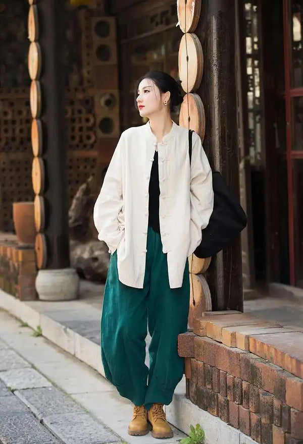 Versatile stand collar outerwear in breathable cotton linen blend fabric