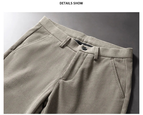 Men's corduroy pants combining fleece warmth with stretch fabric mobility