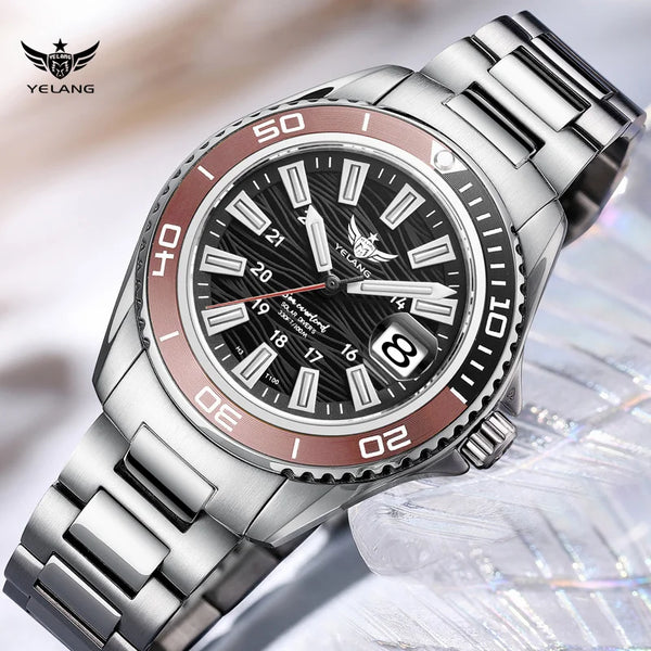 Yelang V1214 solar-powered watch with stainless steel case and sapphire crystal glass.