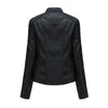 Women's slim fit PU leather motorcycle jacket in black, windproof, durable, perfect for spring and autumn riding styles.