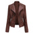 Women's slim fit PU leather motorcycle jacket in black, windproof, durable, perfect for spring and autumn riding styles.