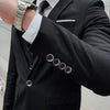 Elegant men's 3-piece suit set including blazer, vest, and pants for business and weddings in slim fit, polyester blend.