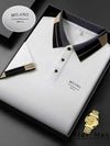 Smart casual polo with embroidered horse motif and modern color-blocked collar and cuffs