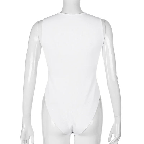 Woman in black zipper bodysuit showing freedom of movement