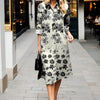 All-season floral print dress featuring lapel neckline and long sleeves