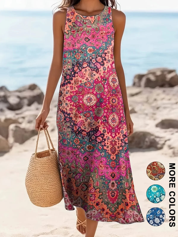 Close-up of sweetheart neckline detail on floral bohemian midi dress