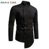 Vintage-style men's casual dress shirt with stand collar, irregular hem, and solid pattern for versatile wear.
