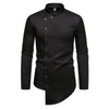 Vintage-style men's casual dress shirt with stand collar, irregular hem, and full-length sleeves in solid color.