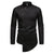 Vintage-style men's casual dress shirt with stand collar, irregular hem, and full-length sleeves in solid color.
