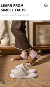 Woman relaxing at home wearing comfortable breathable linen slippers