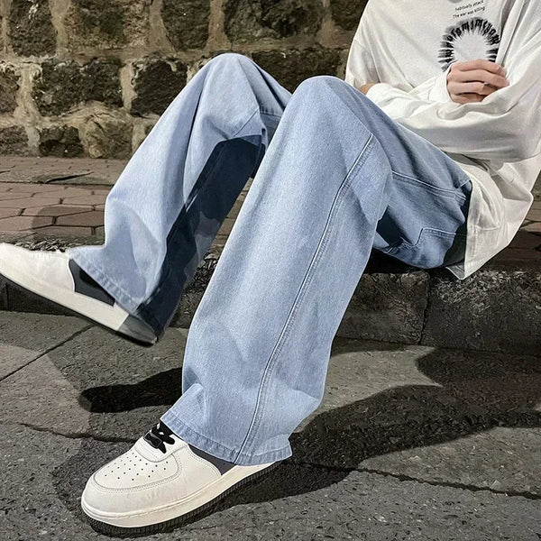 Contemporary men's jeans with loose straight cut and comfortable elastic waistband