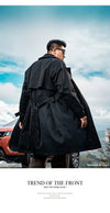 Men's casual trench coat in plus sizes, single-breasted, medium length, loose fit, stylish outerwear for autumn and winter.