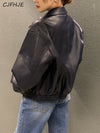 Chic cropped leather jacket for women in faux leather, featuring a turn-down collar and zipper closure, perfect for autumn an
