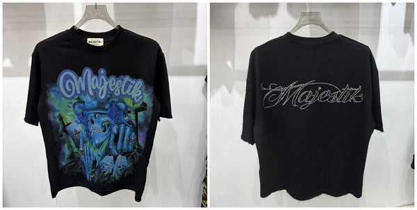 Hip-hop style cotton tee with premium rhinestone lettering on front