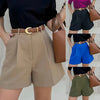 Elegant polyester-elastane blend shorts featuring removable sash belt, high waist design, and functional pockets