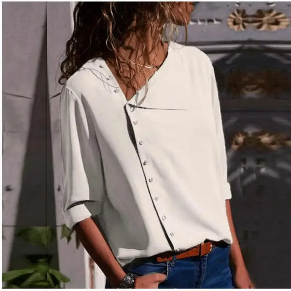 Elegant long sleeve office blouse for women, double-breasted, slim fit, versatile for business attire in various colors.