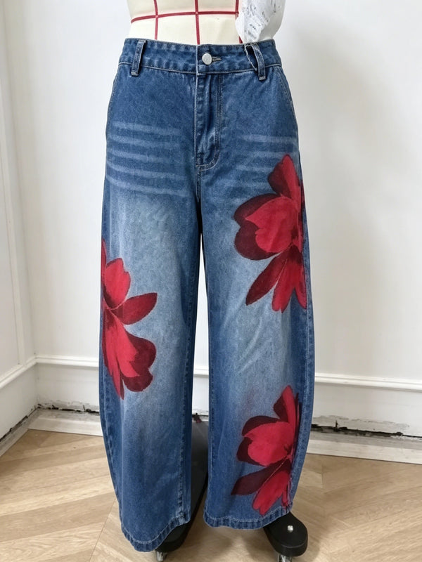 Wide leg cropped jeans with elevated waistline and button front closure for women