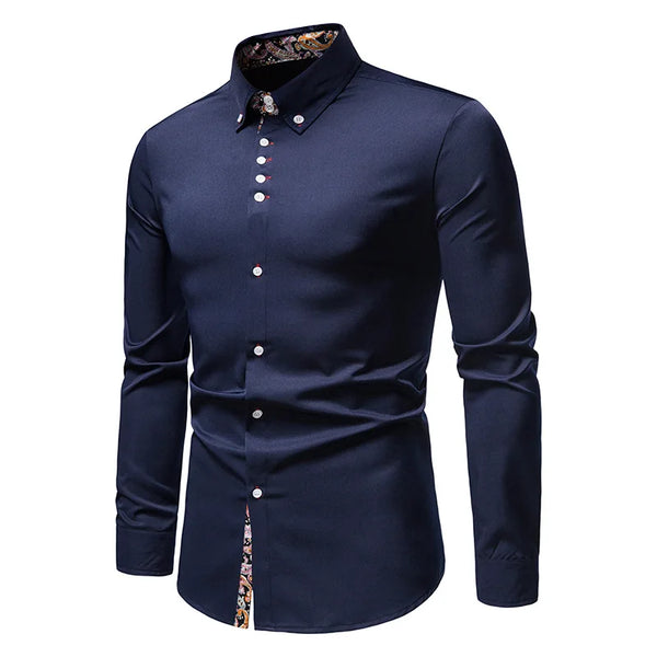 Classic Men's White Long Sleeve Polo Shirt with stand collar, single-breasted closure, perfect for business casual and all se