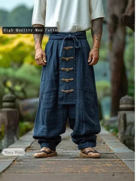 Men's wide leg casual pants in natural cotton linen with vintage lace-up accent