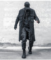 Men's black long trench coat with multi pockets, gothic punk design, perfect for autumn and spring streetwear fashion.