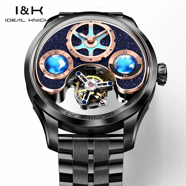 Global Voyager watch with blue earth dial against a white background.