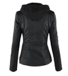 Chic hooded faux leather jacket for women in black, perfect for autumn and winter, featuring a detachable hood and zip-up clo