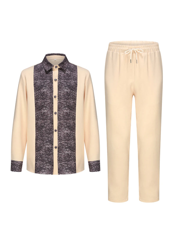 Colorful patchwork African print shirt with matching pants featuring bold geometric patterns and cultural motifs