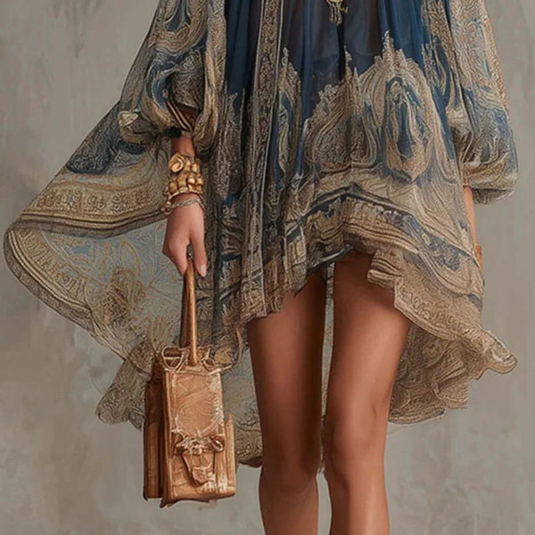 Artisanal embroidered mini dress with comfortable loose fit and stretch fabric