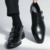 Side view of leather monk strap dress shoes with structured silhouette