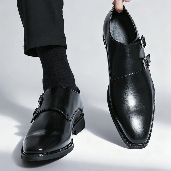 Side view of leather monk strap dress shoes with structured silhouette