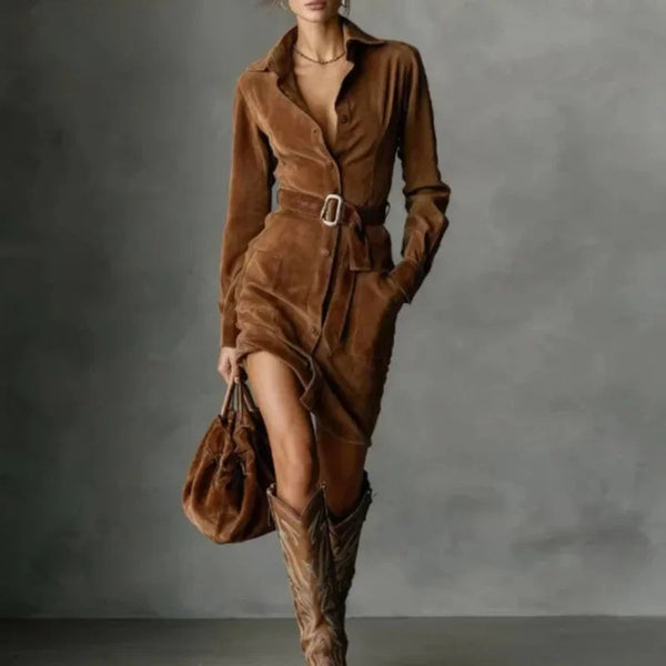 Midnight Whispers Suede Mini dress in black with polished polo collar and long sleeves.