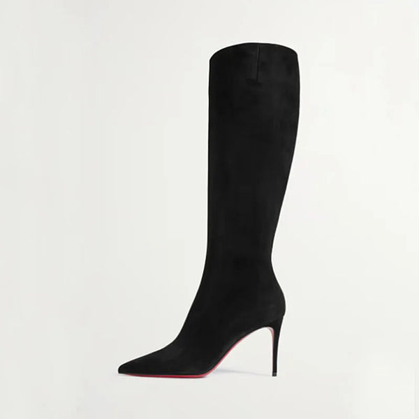 Brown knee-high stiletto boots, versatile for any outfit.