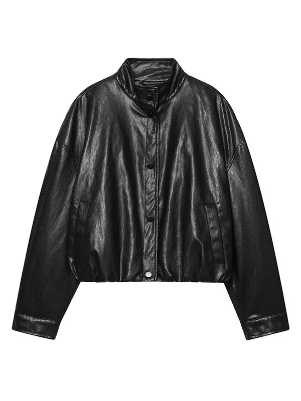 Chic faux leather bomber jacket for women, perfect for autumn fashion and versatile layering with a stylish turtleneck collar